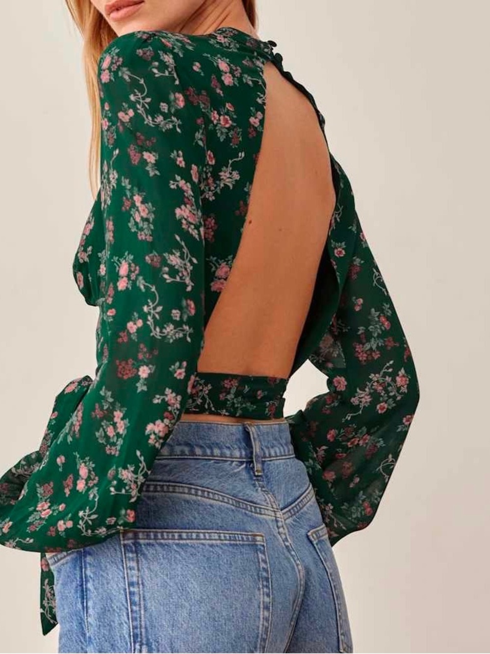 Reformation Raye floral open back blouse in green size 2
